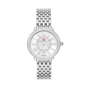 Michele stainless steel watch special edition serein mid diamond watch with round face and embellished with diamonds.