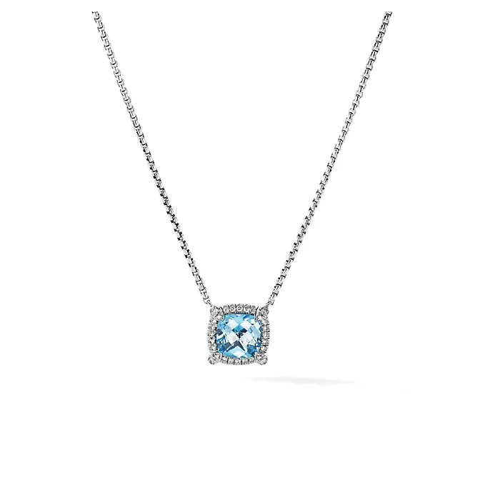 Petite Chatelaine Pave Bezel Pendant Necklace with Blue Topaz and Diamonds