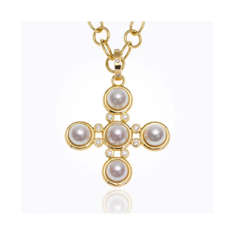Temple St. Clair Pearl Cross in 18kt Gold with Diamonds
