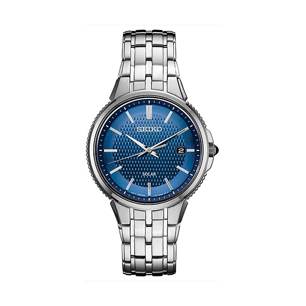 Front view of Men's Blue face Seiko Essentials Watch