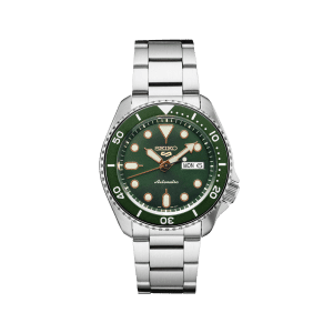 Front face view of Seiko 42.5mm Green Stainless Steel 5 Sports Watch