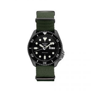 Front face view of Seiko 42.5mm Green 5 Sports Watch