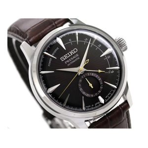 Close up dial view of the Seiko 40.5mm Presage Brown Leather Watch