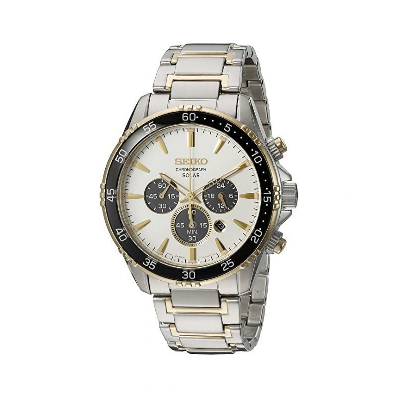 Front view of men's Seiko solar chronograph essential watch.