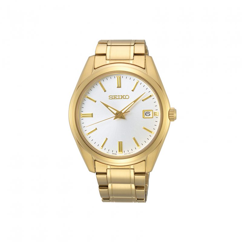 Front view of mens seiko watch in gold plate, analog dial watch.