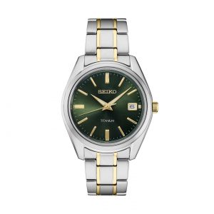 Front face view of Seiko 40.2mm Green Essentials Watch