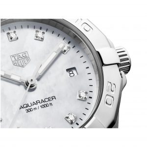 Up close view of the dial and face on the Tag Heuer 27mm Ladies Aquaracer Watch