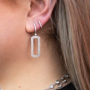 Diamond Huggie Hoop Post with Open Dog Tag Drop Earrings