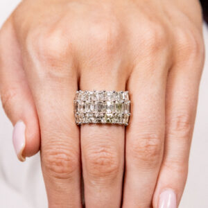 Emerald and Asscher Cut Diamond 3 Row Ring Sale Bailey's Fine Jewelry