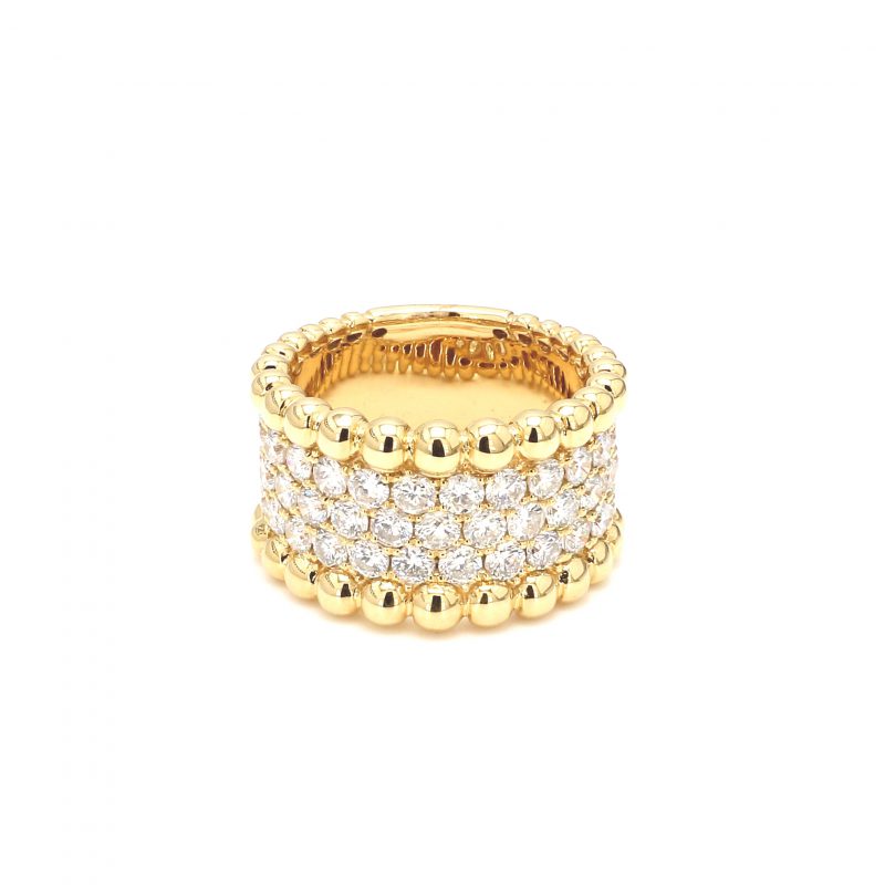 Three Row Diamond Ring with Beaded Edges in yellow gold