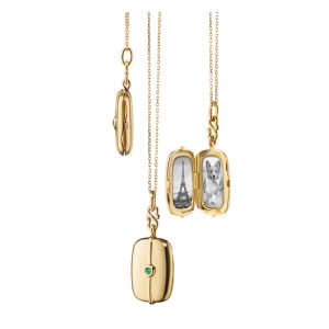Monica Rich Kosann Slim Skye Gold Locket with Emerald Gemstone