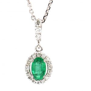 Oval Emerald With Diamond Halo Pendant Necklace