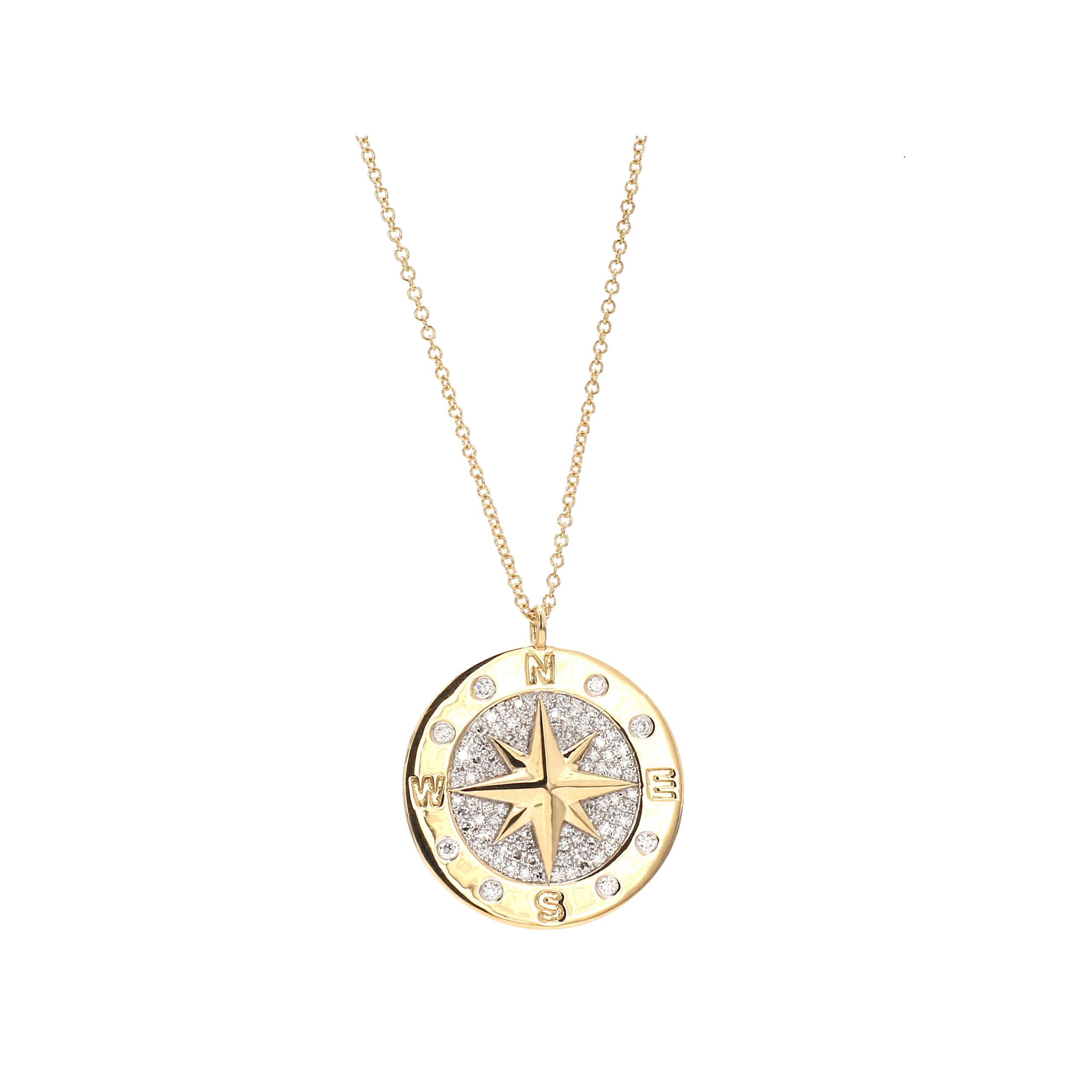 Engraved Compass Necklace with diamond - 14k Solid Gold - Oak & Luna
