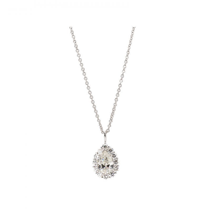 Pear Shaped Diamond with Halo Cluster Pendant Necklace