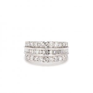 Three Row Round and Baguette Set Diamond Band Ring