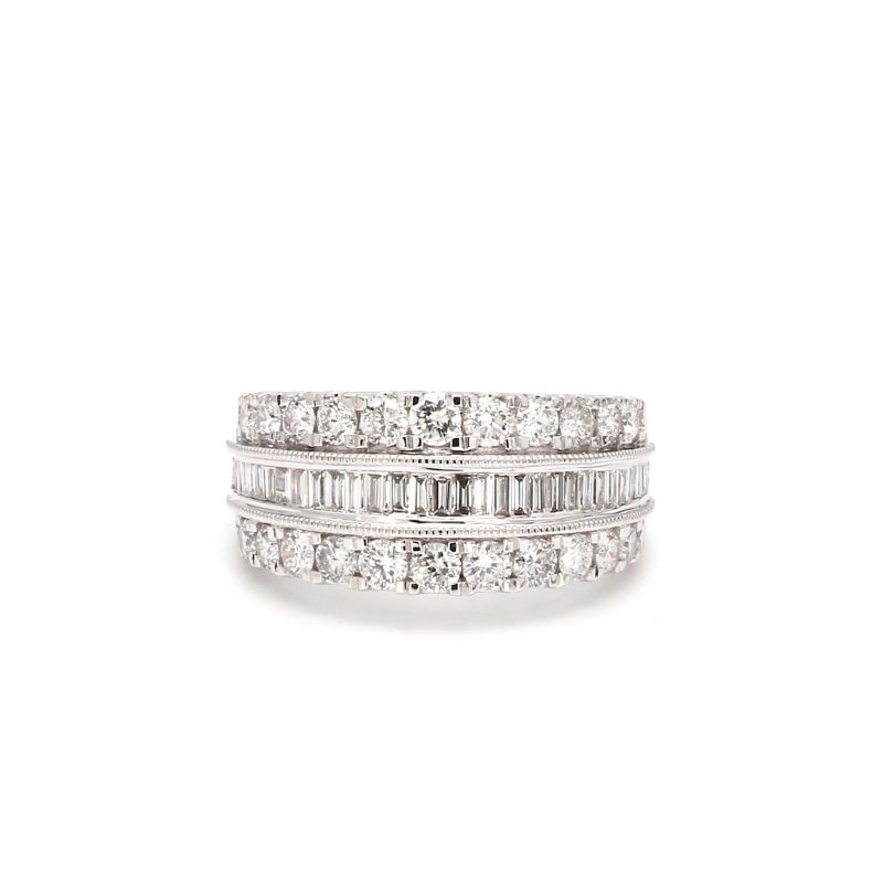 Three Row Round and Baguette Set Diamond Band Ring