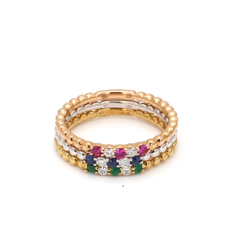 Set of Three Beaded Stacking Bands with Alternating Diamonds and Colored Gemstones