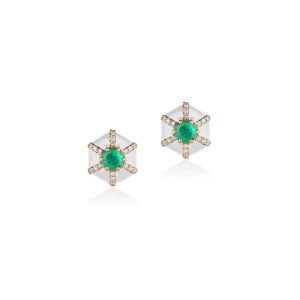 Goshwara Hexagon Emerald & White Enamel Stud Earrings with Diamonds
