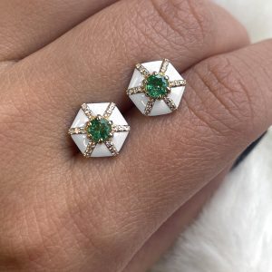Goshwara Hexagon Emerald & White Enamel Stud Earrings with Diamonds