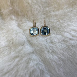 Goshwara Asscher Cut Blue Topaz Earrings on Wire with Diamonds