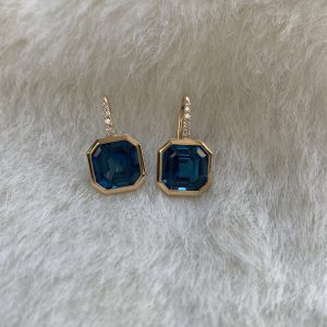 London Blue Topaz Asscher Cut Earrings with Diamonds