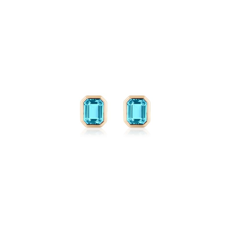 Blue Topaz Emerald Cut Bezel Set Stud Earrings