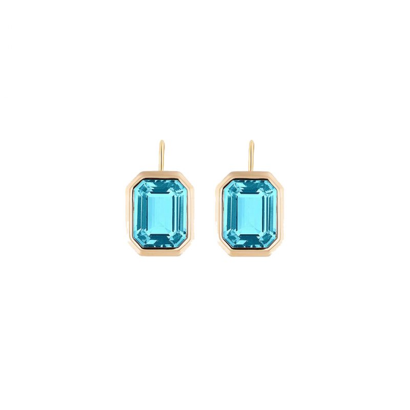 Goshwara Blue Topaz Emerald Cut Bezel Set Earrings