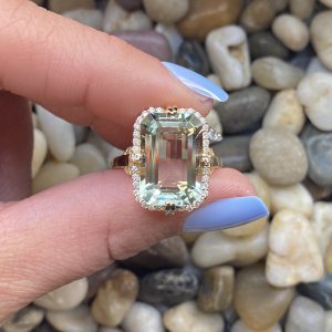 Goshwara Prasiolite Emerald Cut Ring with Diamonds