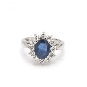 Oval Blue Sapphire with Diamond Halo Ring