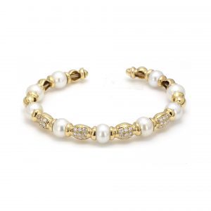 Alternating Pave Diamond Stations and Pearls Cuff Bangle