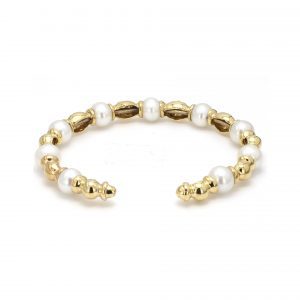Alternating Pave Diamond Stations and Pearls Cuff Bangle