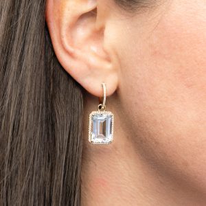 Diamond with White Topaz Charm Drop Huggie Hoop Earrings