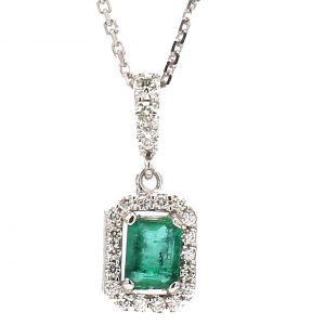 Emerald Cut Emerald with Diamond Halo Necklace