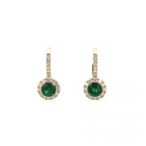 Round Emerald and Diamond Halo Euro Wire Earrings