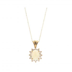 Opal Gemstone with Diamond Halo Pendant Necklace