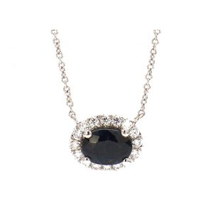 East West Set Oval Sapphire with Diamond Halo Necklace