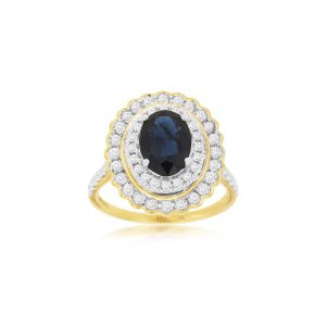 Oval Blue Sapphire with Double Diamond Halo Ring