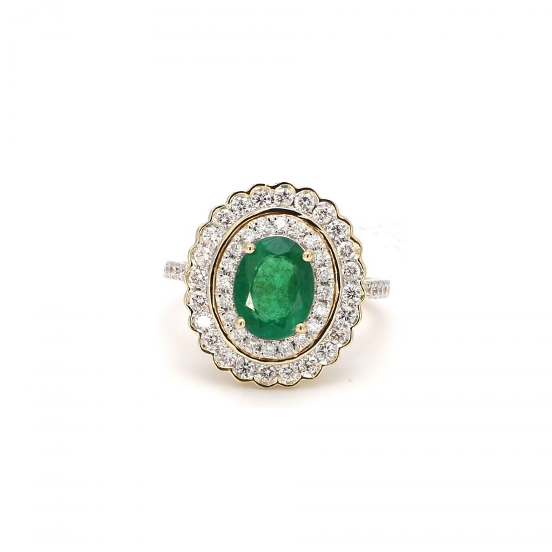 Oval Emerald Ring with Double Diamond Halo