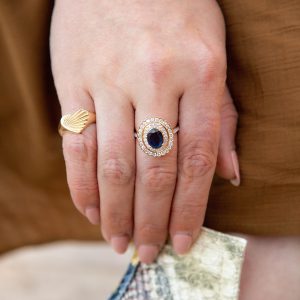 Oval Blue Sapphire with Double Diamond Halo Ring