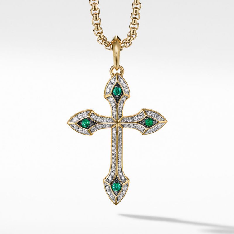 Gothic Cross Amulet with Pav� Diamonds, Emeralds and 18K Yellow Gold
