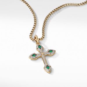 Gothic Cross Amulet with Pav� Diamonds, Emeralds and 18K Yellow Gold