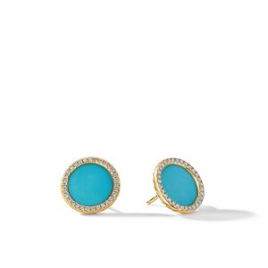 DY Elements Button Earrings in 18K Yellow Gold with Turquoise and Pav� Diamonds