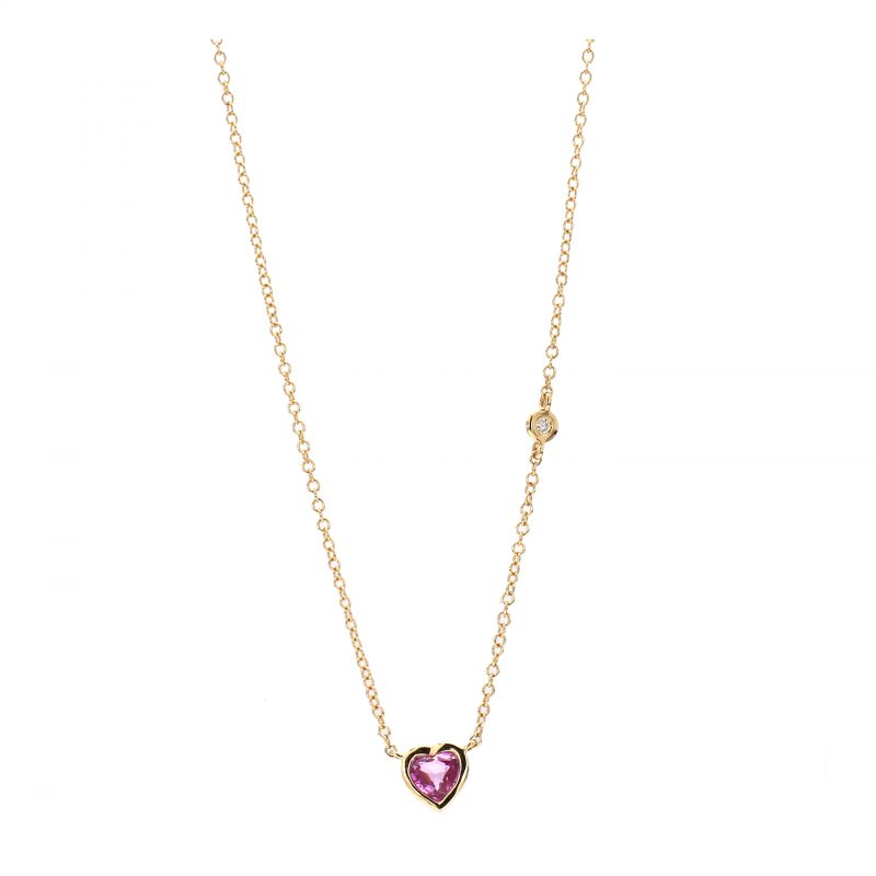Heart Shaped Bezel Ruby Necklace with Single Diamond on Chain
