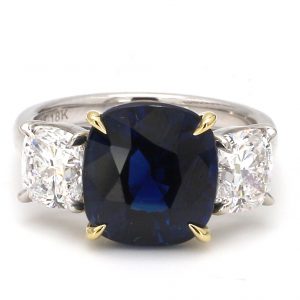 6.25ct Cushion Blue Sapphire with Diamond Side Stones