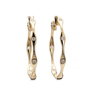 Yellow Gold Squiggle Hoop Earrings with Diamond Stations