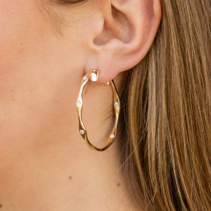 Yellow Gold Squiggle Hoop Earrings with Diamond Stations