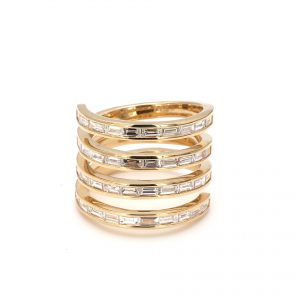 Four Row Open Wrap Baguette Cut Diamond Ring in Yellow Gold