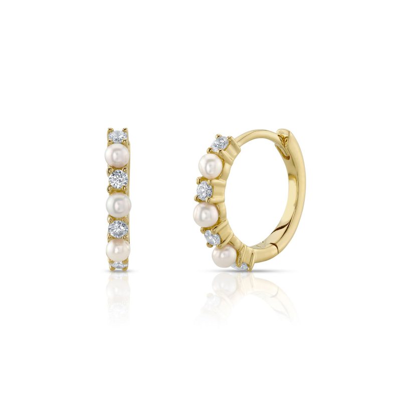 Diamond and Cultured Pearl Huggie Hoop Earrings