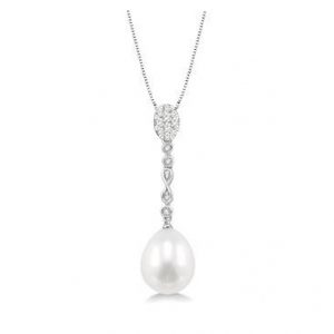 Diamond and Pearl Drop Pendant Necklace