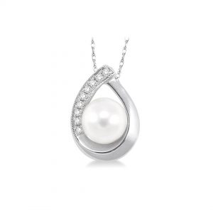 6MM Pearl Pendant with Open Diamond Halo Teardrop Design Necklace